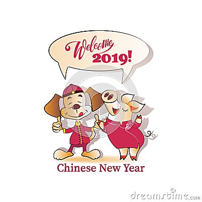 Welcome, 2019! Dog and pig in national clothes. Vector Illustration